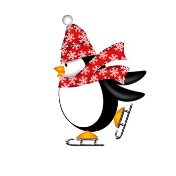 Cute Penguin with Christmas Snowflakes Red Scarf Ice Skating Illustration Isolated on White Background
