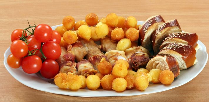 chicken meat with bacon potatoes and tomato gourmet food