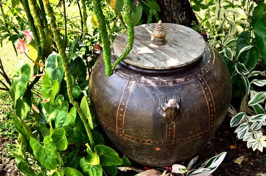 Retro jar under tree in garden