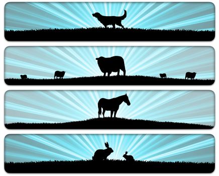 four illustrations of animals in fields