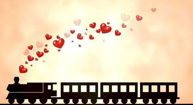 Illustration of a train with love hearts