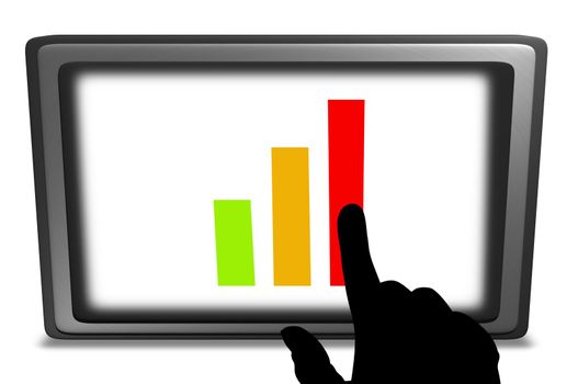 Illustration of a Touch screen tablet PC displaying a chart, with a hand pointing to it.