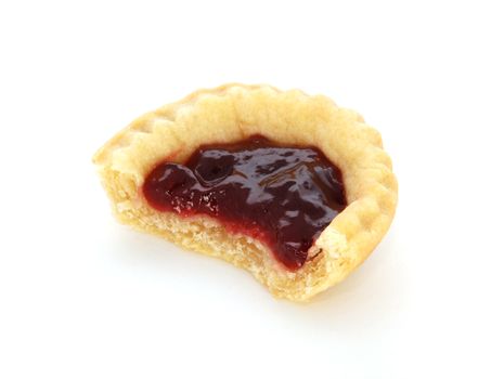 One jam tart with a bite taken, isolated on a white background