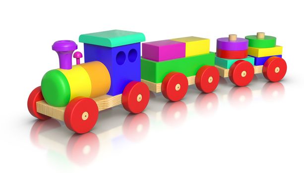 3D rendered Wooden Toy Train on white background.