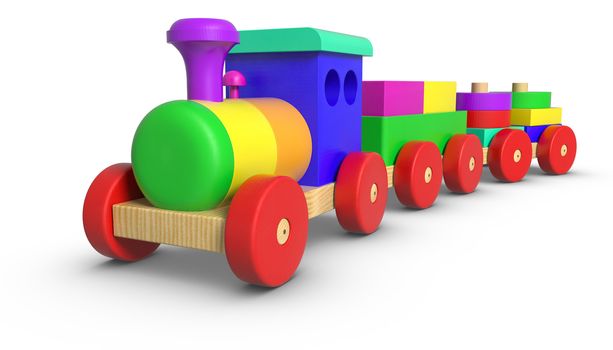 3D rendered Wooden Toy Train on white background.