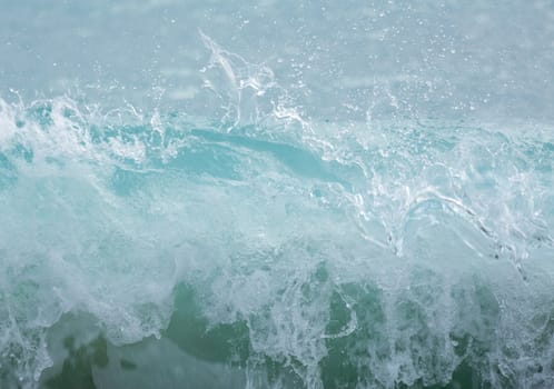 Turquoise blue wave building to peak breaking as surf on the shore