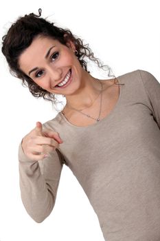 Woman giggling and pointing