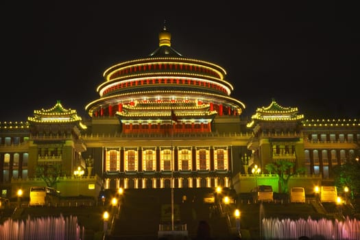 Renmin "People's" Square, Great Hall of the People, Chongqing, Sichuan, China Night Shot Overview with fountains