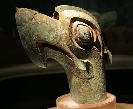 Tall Three Thousand Year Old Bronze Bird Statue Sanxingdui Three Star Mound Museum Guanghan Chengdu Sichuan China The statues have been carbon dated to the 11th-12th Century BCE