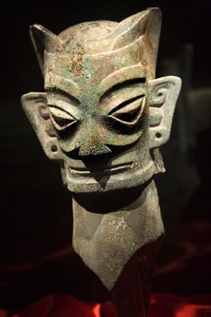 Three Thousand Year Old Bronze Mask Statue Sanxingdui Three Star Mound Museum Guanghan Chengdu Sichuan China The statues have been carbon dated to the 11th-12th Century BCE.