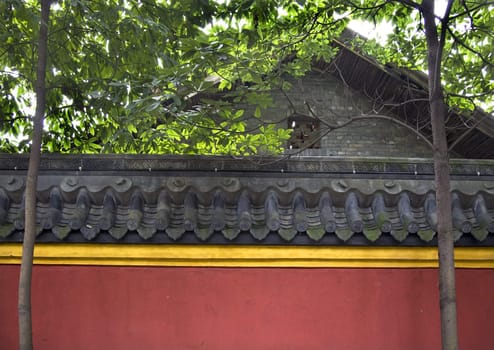 Red Yellow Wall Roof Tiles Baoguang Si Shining Treasure Buddhist Temple Chengdu Sichuan China Front of Temple