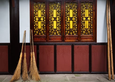 Straw Brooms Windows Wall Baoguang Si Shining Treasure Buddhist Temple Chengdu Sichuan China Front of Temple