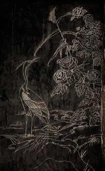 Stone Engraving of Stork, bird, outside of Old Chinese House, Jinli Street, Chengdu, Sichuan, China