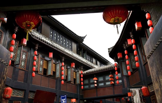 Famouse Old Walking Street, Jinli, Chengdu, Sichuan, China.  The Chinese characters are not trademarks.  One says tea.  The other says Jinli.