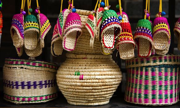 Colorful Straw baskets, shoes and other handicraft items, Chengdu, Sichuan, China