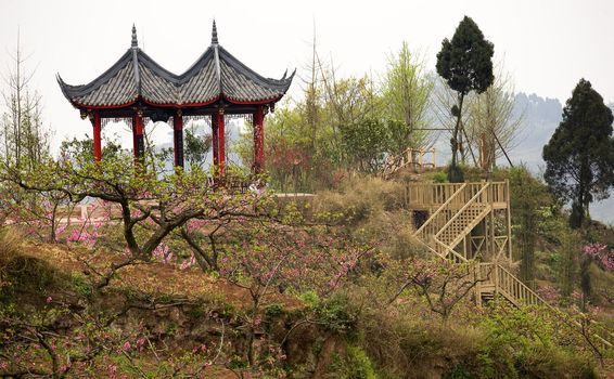 Red Pagoda, Flowers, Peach Tree Village, Chengdu, Sichuan, China