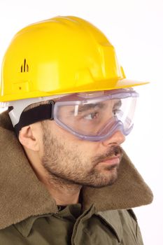 worker with yellow helmet over white 