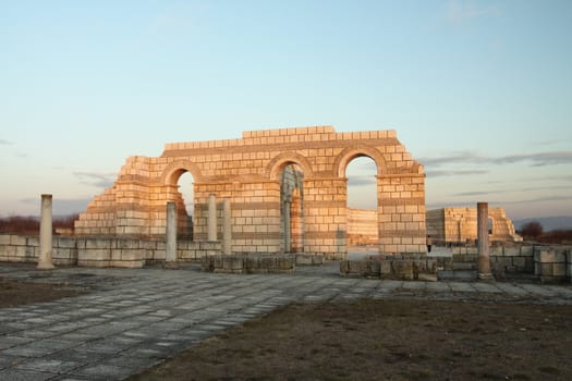 The Great Basilica at the first Bulgarian capital, Pliska , at sunset