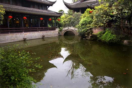 Red Lanterns, Old Buildings, Stone Bridge, Pond, Reflections, Wuhou Memorial, Three Kingdoms, Chengdu, Sichuan, China