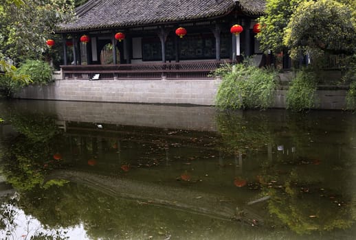 Red Lanterns, Pavilion, Wuhou Memorial, Three Kingdoms, Temple, pond reflection, Chengdu, Sichuan, China