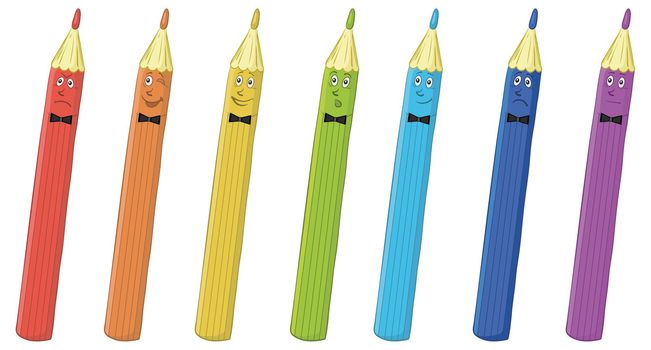 Set colour smilies pencils symbolize various human emotions