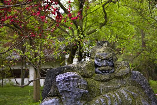 Stone Statue of Zhang Fei in the Peach Orchard, Wuhou Memorial, Three Kingdoms, Temple, Chengdu, Sichuan, China  This temple was created in the 1700s.