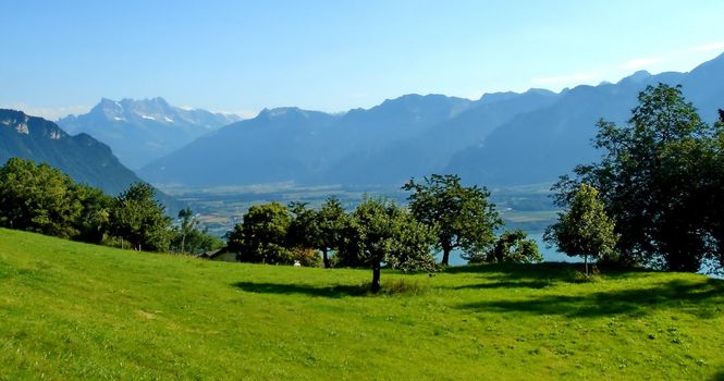 Panoramic view on the Alps mountains by beautiful summer day, Switzerland
