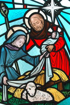 The birth of christ stained glass window.