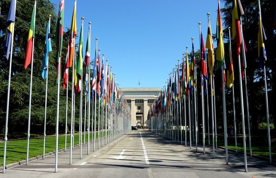United Nations in Geneva, Switzerland, with all flags by beautiful weather