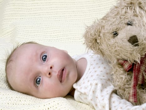 Picture of cute newborn baby with old teddy-bear