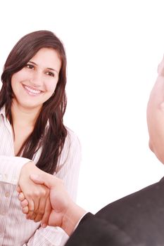 Closeup of business people shaking hands over a deal at office - Indoors