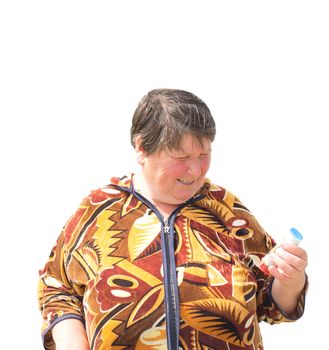 The Woman with bottle, on white background. Soapy bubble.