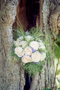 Bridal Bouquet with pink Roses in a Tree