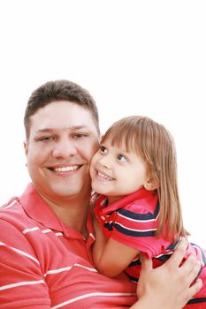 Portrait of father and daughter smiling, isolated on white