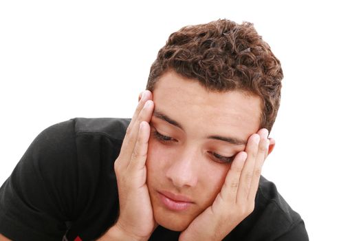 sad teenager portrait close up, isolated on white