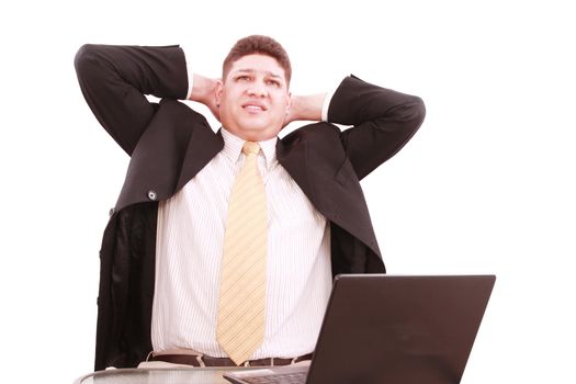 Worried young business man with notebook, isolated on white