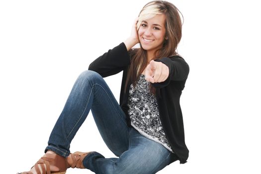 You are the one!, portrait of attractive smile laugh teenage girl, pointing her finger, isolated over white background