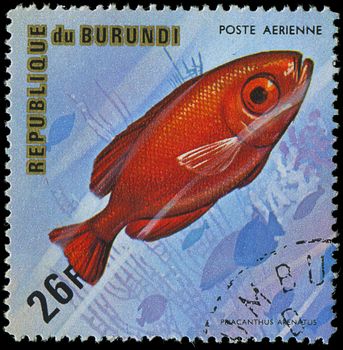 Republic of Burundi, - CIRCA 1975: A stamp printed by Burundi shows the fish Pilacanthus arenatus, circa 1975