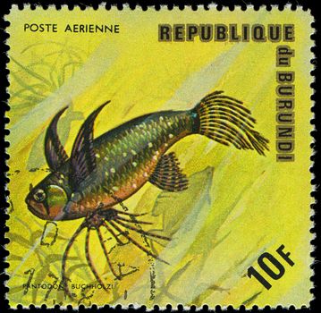 Republic of Burundi, - CIRCA 1975: A stamp printed by Burundi shows the fish Pantodon buchholzi, circa 1975