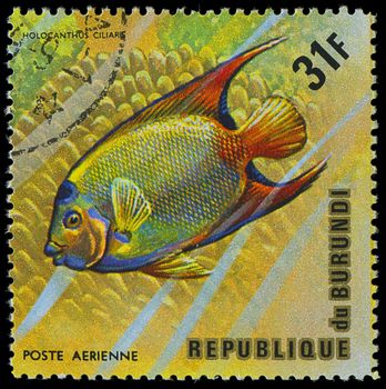 Republic of Burundi, - CIRCA 1975: A stamp printed by Burundi shows the fish Holocanthus ciliaris, circa 1975