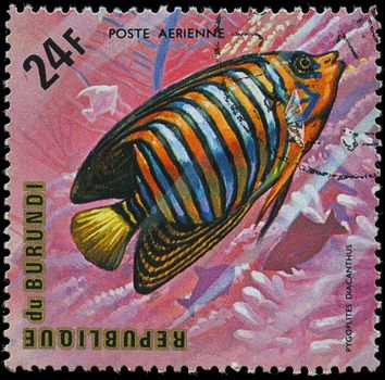 Republic of Burundi, - CIRCA 1975: A stamp printed by Burundi shows the fish Pygoplites diacanthus, circa 1975