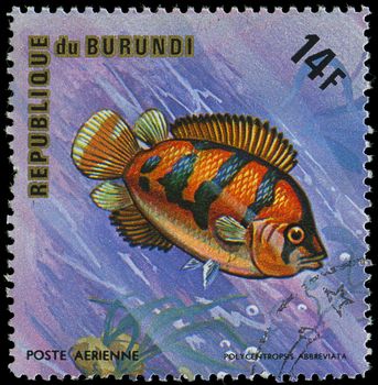 Republic of Burundi, - CIRCA 1975: A stamp printed by Burundi shows the fish Polycentropsis abbreviata, circa 1975