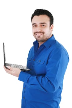 Young man with laptop, isolated on white