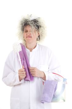 Female cleaner in white work coat