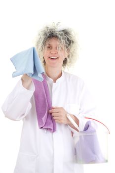 Female cleaner in white work coat