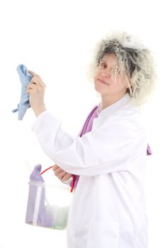 Female cleaner in white work coat