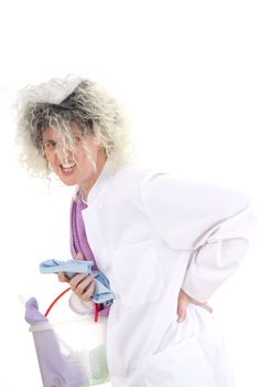 Female cleaner in white work coat having backache