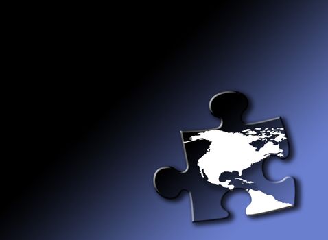 Jigsaw piece with white outline of USA and Canada on graduated blue background. Drop shadow effect applied.