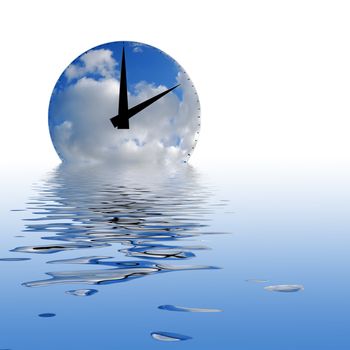Time concept showing clock face, clouds and water reflection