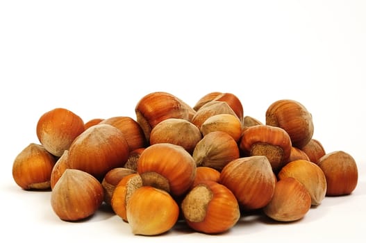 handful of fresh hazelnuts on a white background closeup